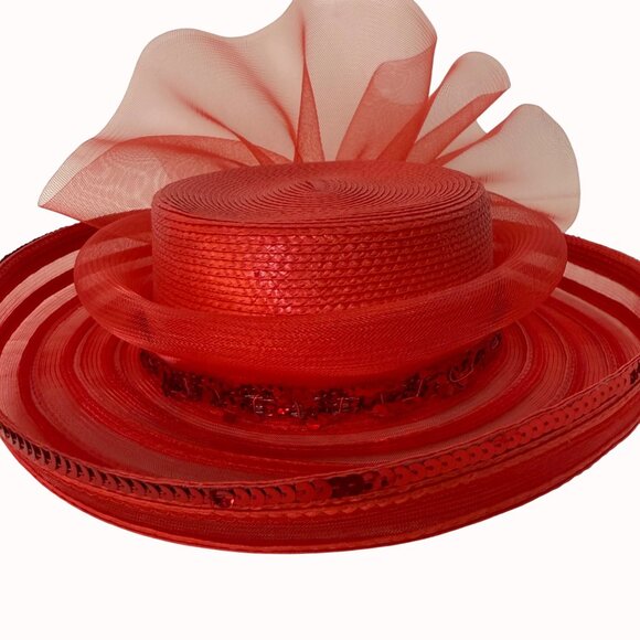 Elegant Red Wide Brim Hat Formal Fashion Tulle Bow Sequin Statement Church Derby main image 6
